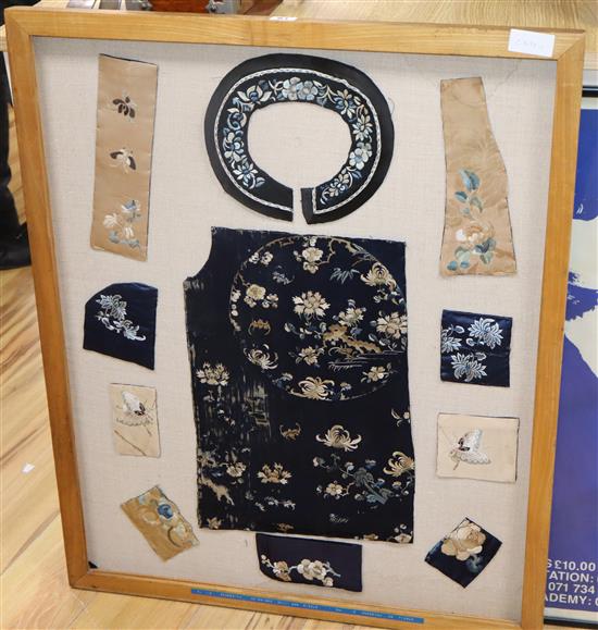 A collection of 18th/19th century Chinese embroidered silk fragments, framed